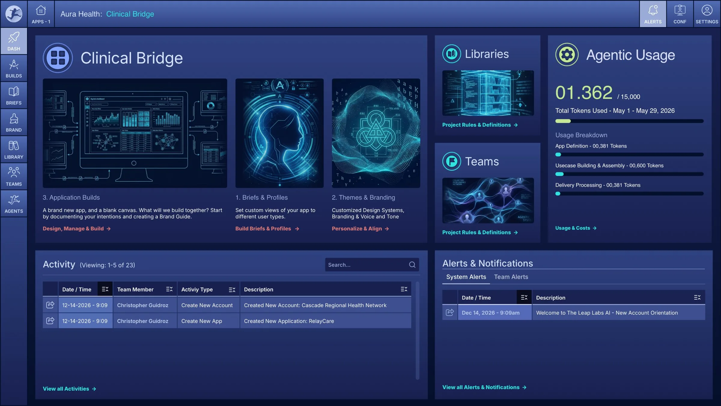 The Leap Labs portal — project dashboard for Aura Health Clinical Bridge, showing briefs, themes, application builds, libraries, teams, agentic usage and activity